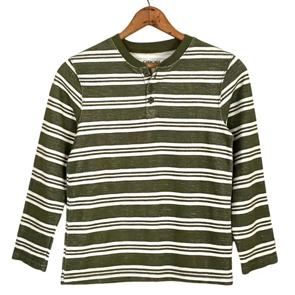 NWT Cherokee Green Stripe Long Sleeve Henley Shirt Knit Pullover NEW Boys S 6/7 - Picture 9 of 15